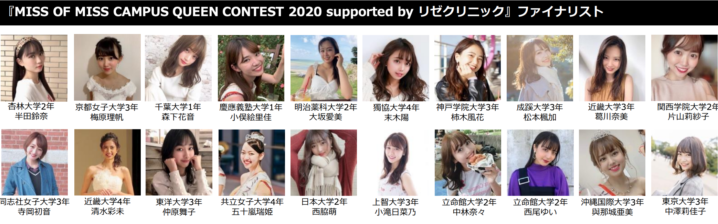 「MISS OF MISS CAMPUS QUEEN CONTEST 2020」ファイナリスト（20名）