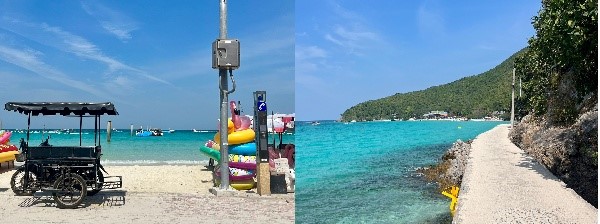 左～パタヤ・ラン島のビーチ：バンコクからバス・フェリーなどを乗り継いで3時間30分程度特徴：パタヤからフェリーで40分ほどの場所にある小さな島。パタヤの沖合の中でも特に透明度が高い海が人気を集めています。 右～ビーチへと続く道
